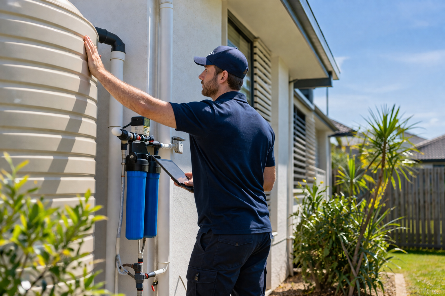 Technician inspecting a rainwater tank and filtration system