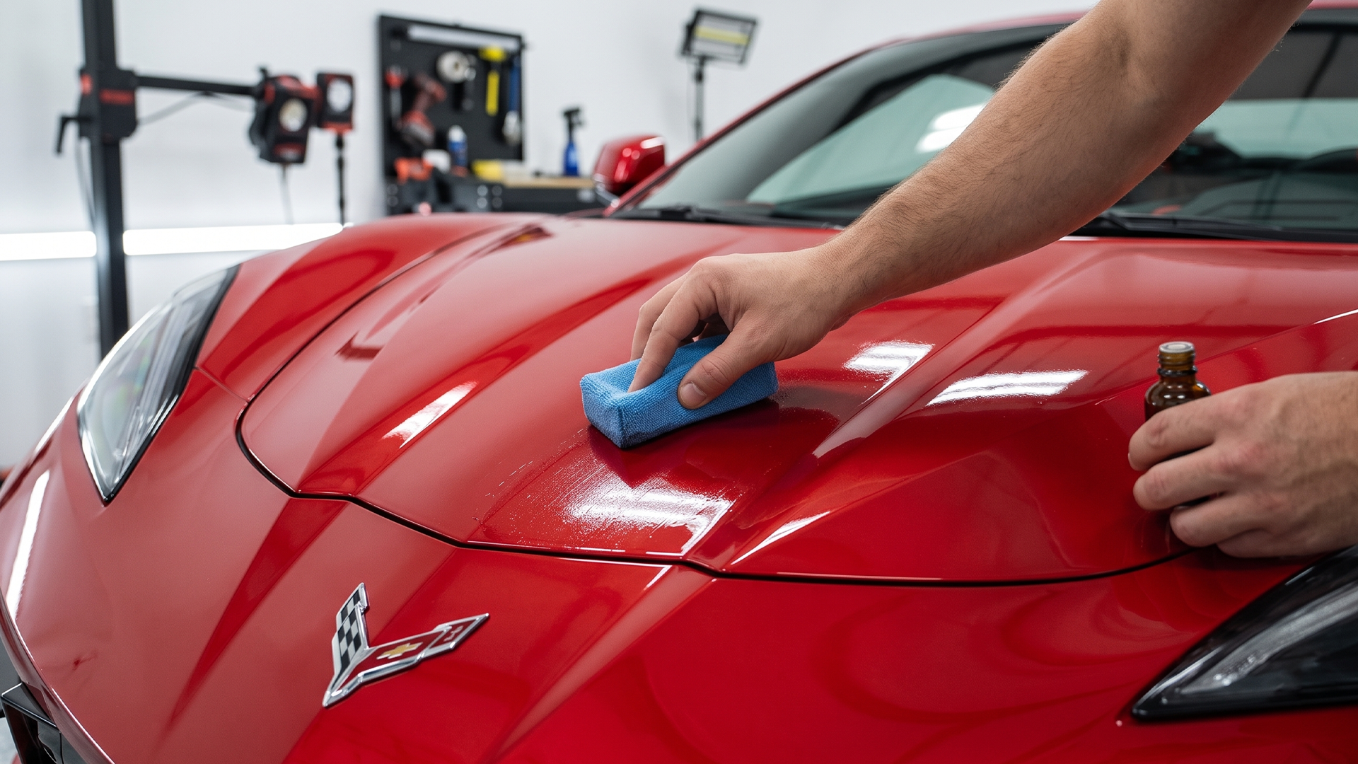 Ceramic coating hood application on red vehicle