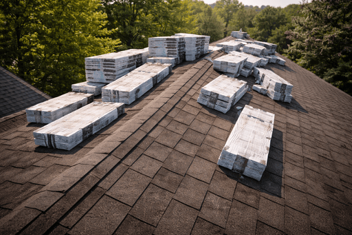 shingle bundles on top of a roof