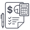 Financial report icon with calculator and pen.