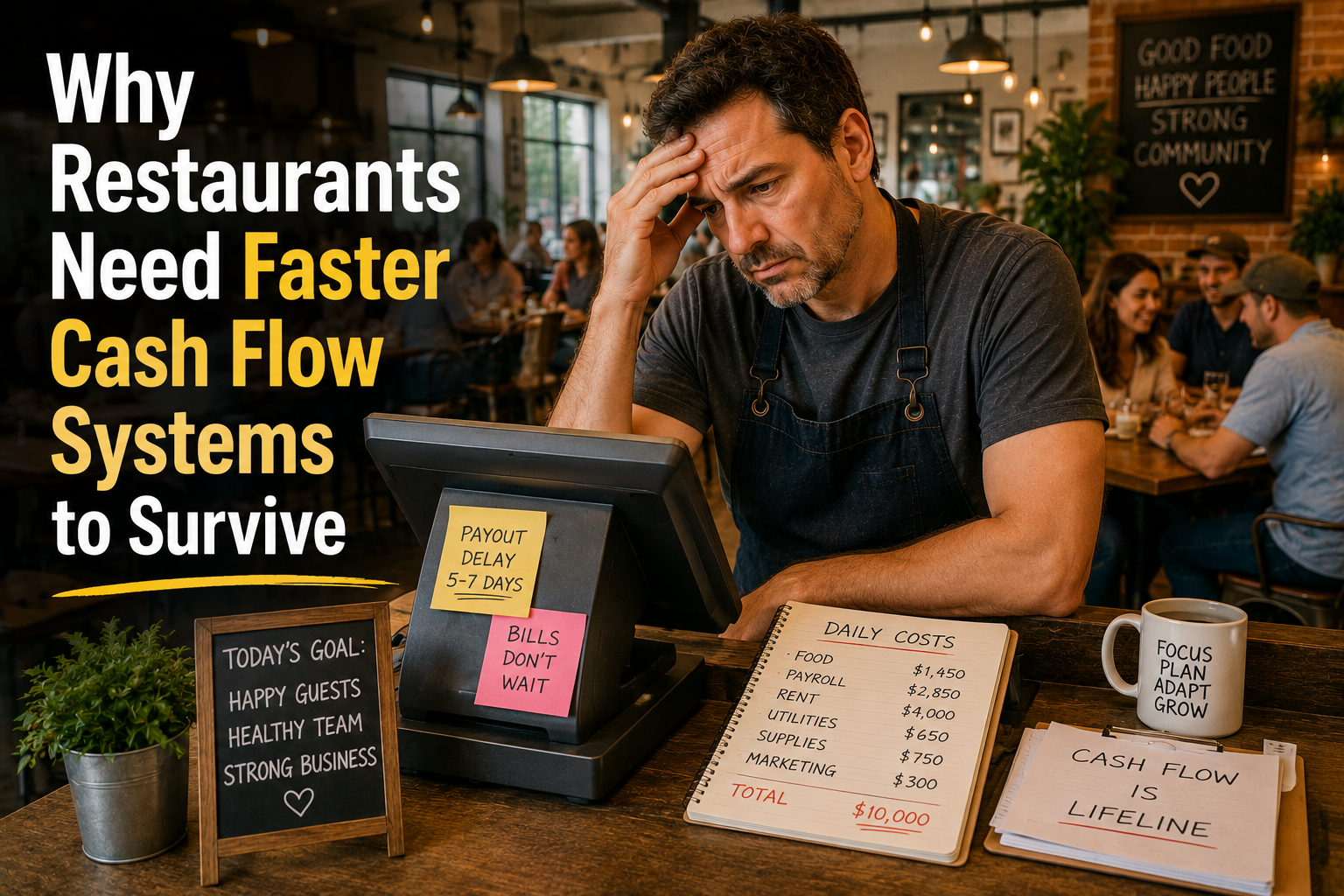 restaurant owner reviewing delayed delivery app payouts and restaurant cash flow pressure