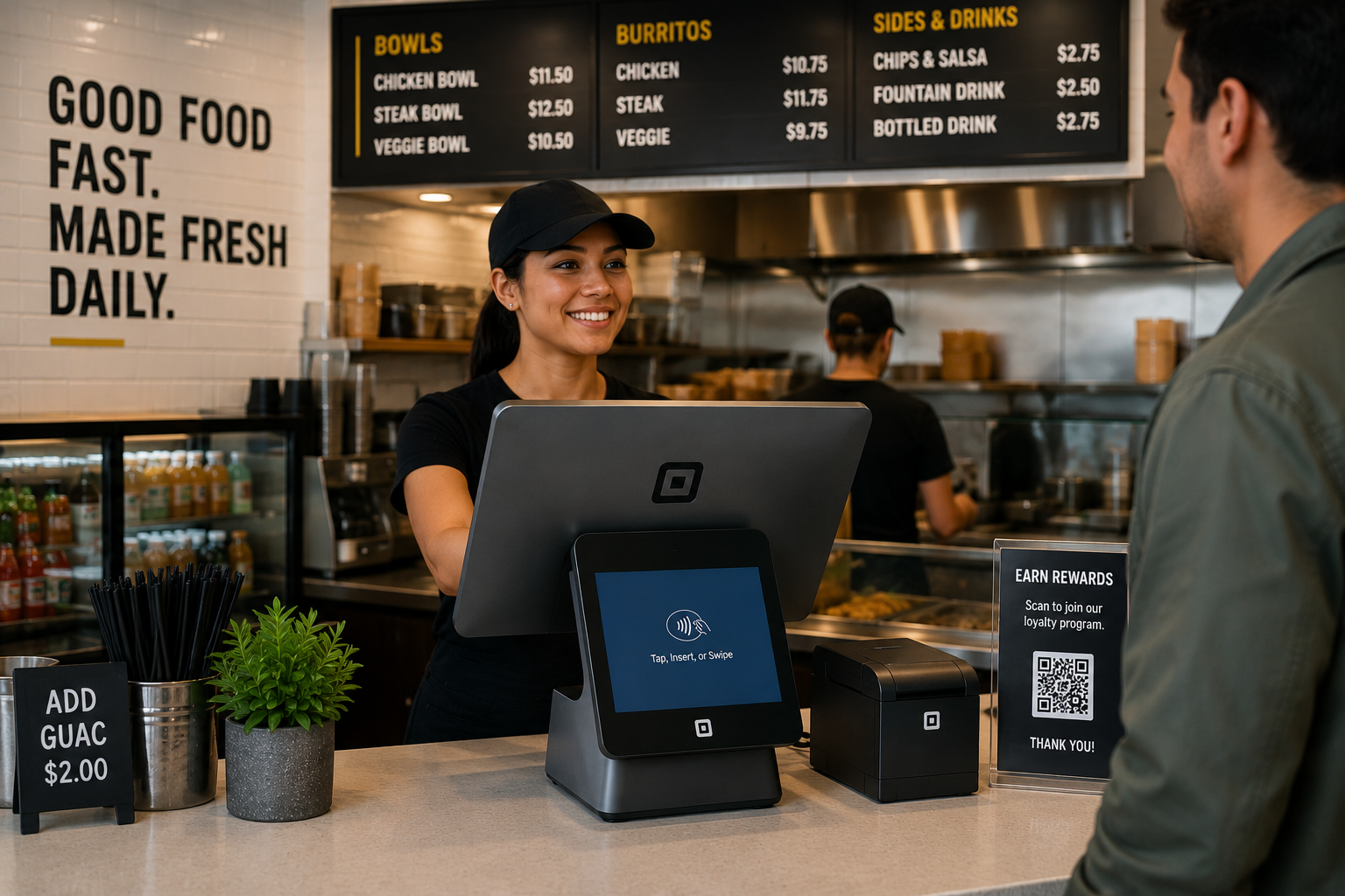 Square restaurant POS system inside quick service restaurant Square restaurant POS system inside quick service restaurant