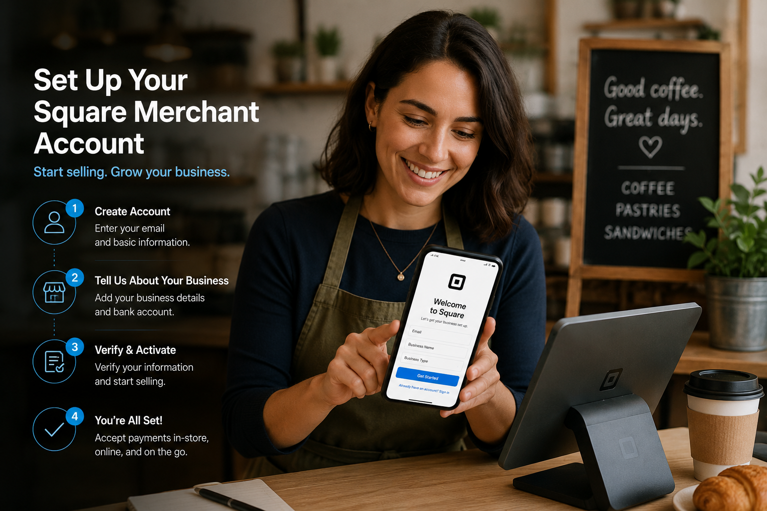 business owner setting up Square merchant account on mobile phone