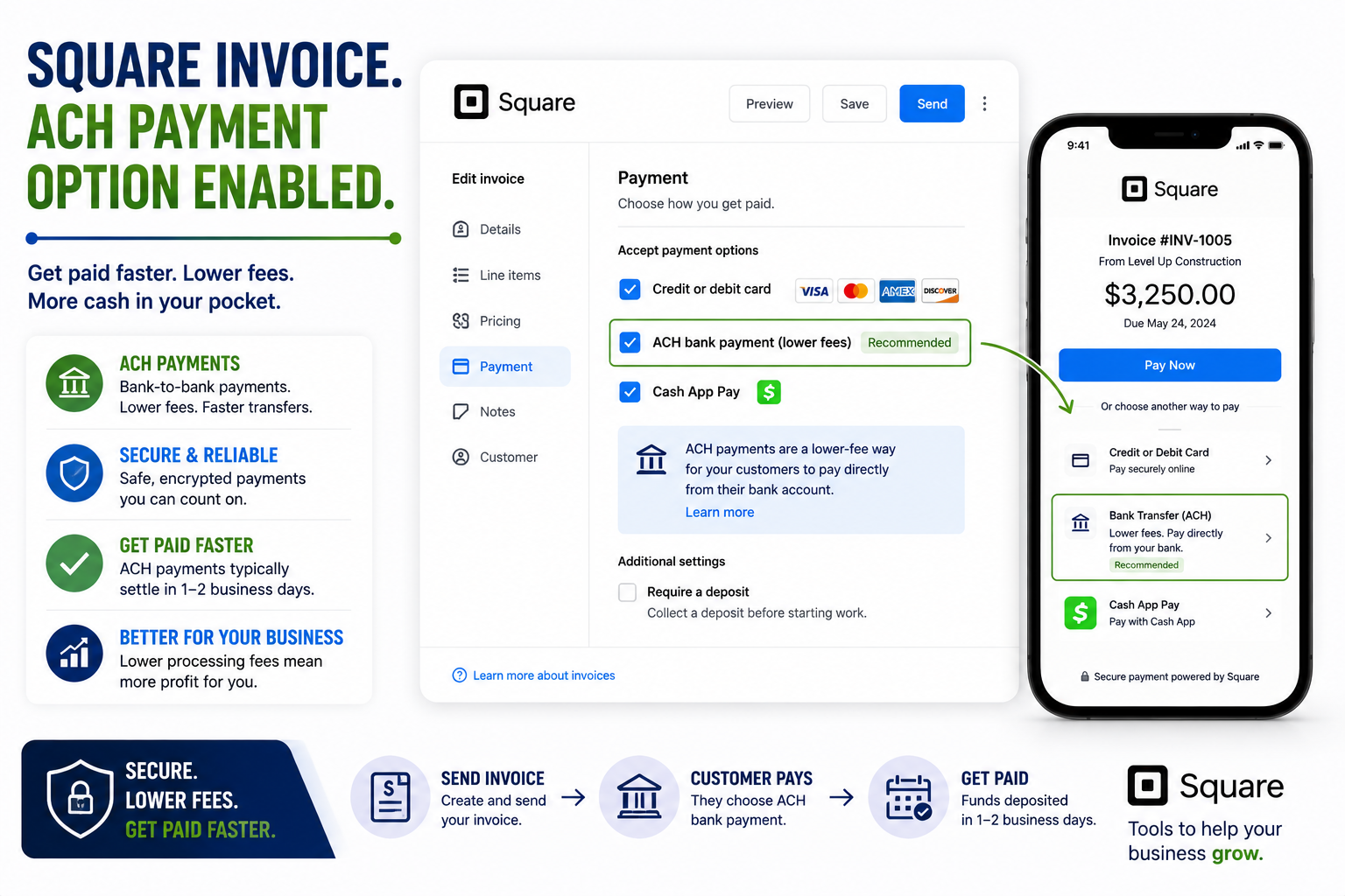 Square invoice with ACH payment option enabled