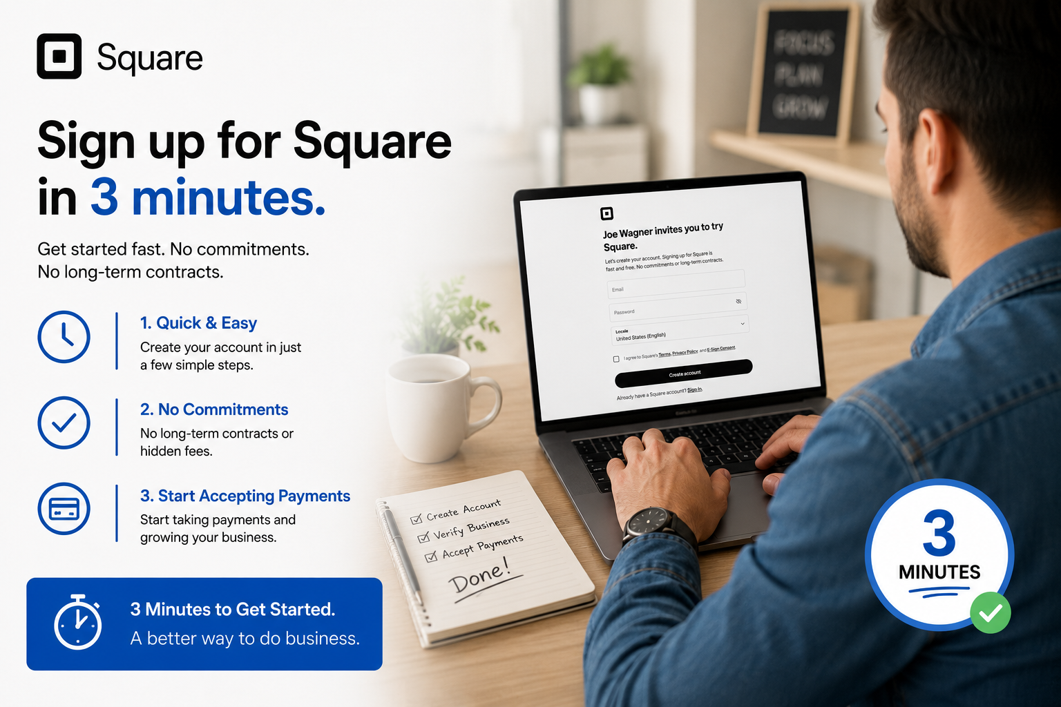 Squares onboarding takes 3 minutes