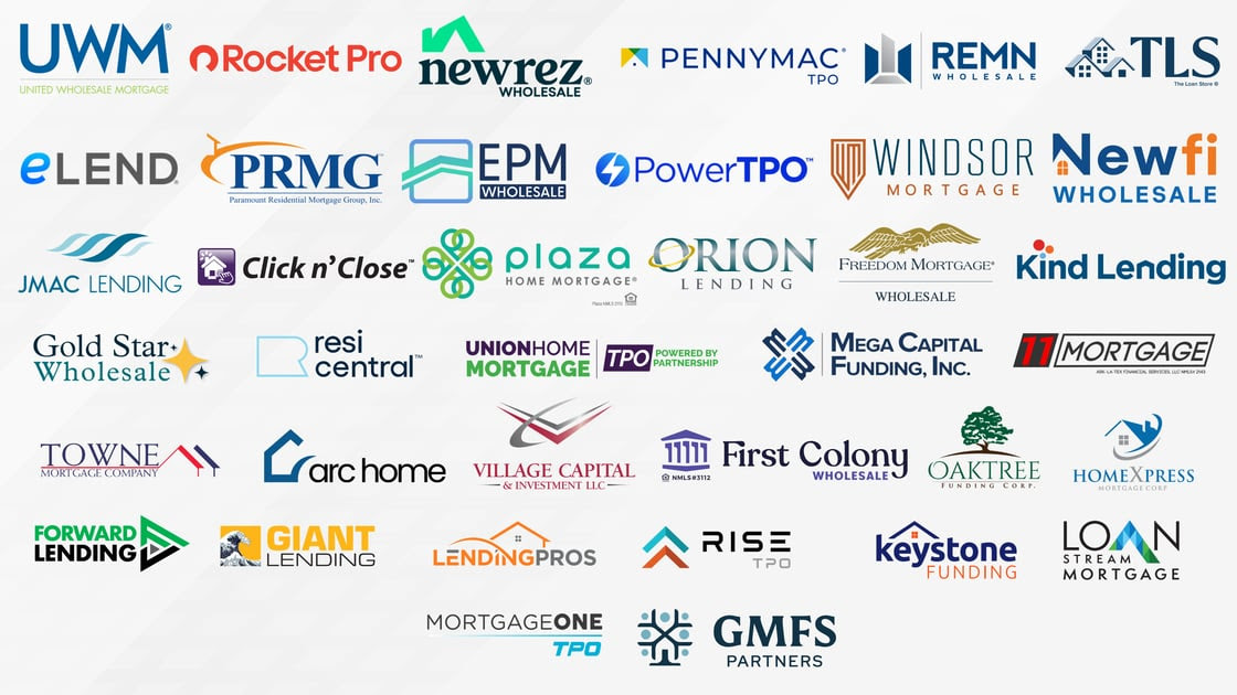 MortgageToday LLC wholesale lender network — 40+ lenders including UWM, Rocket Pro, Newrez, PennyMac, REMN, TLS, eLEND, PRMG, EPM, PowerTPO, Windsor, Newfi, JMAC, Click n Close, Plaza, Orion, Freedom Mortgage, Kind Lending, Gold Star, Resi Central, Union Home, Mega Capital, 11 Mortgage, Towne, Arc Home, Village Capital, First Colony, Oaktree, HomeXpress, Forward Lending, Giant Lending, LendingPros, Rise TPO, Keystone, Loan Stream