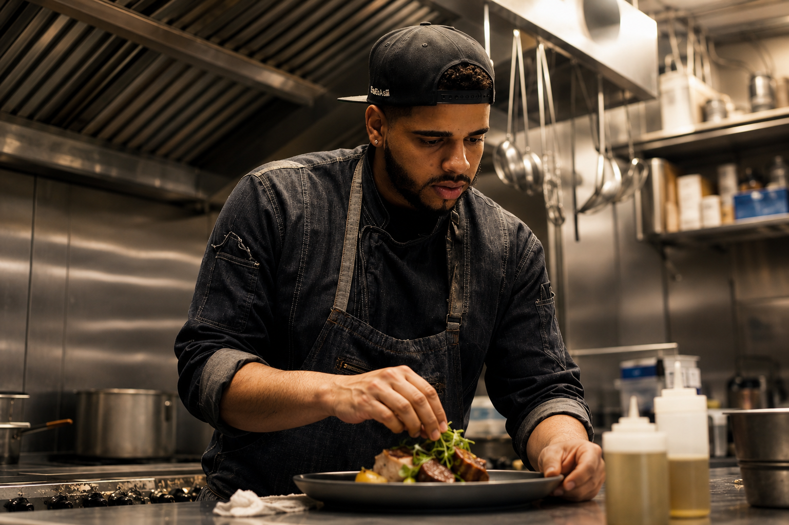 Chef Stanley plating in the kitchen