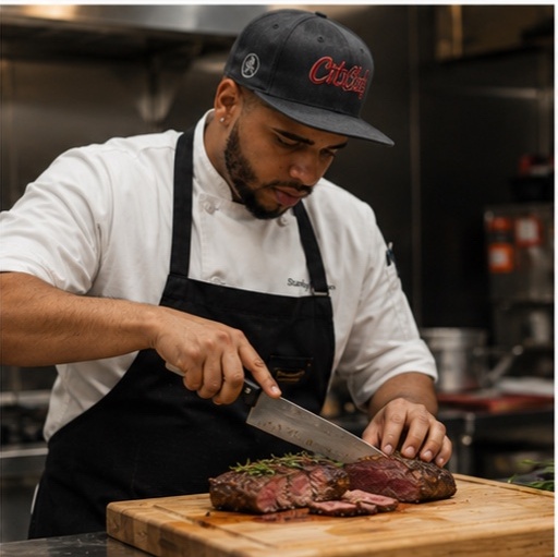 Chef Stanley carving steak to order