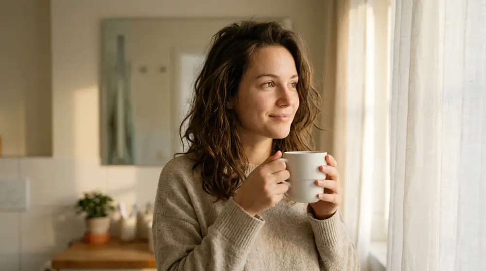 Woman walking past mirror in morning light