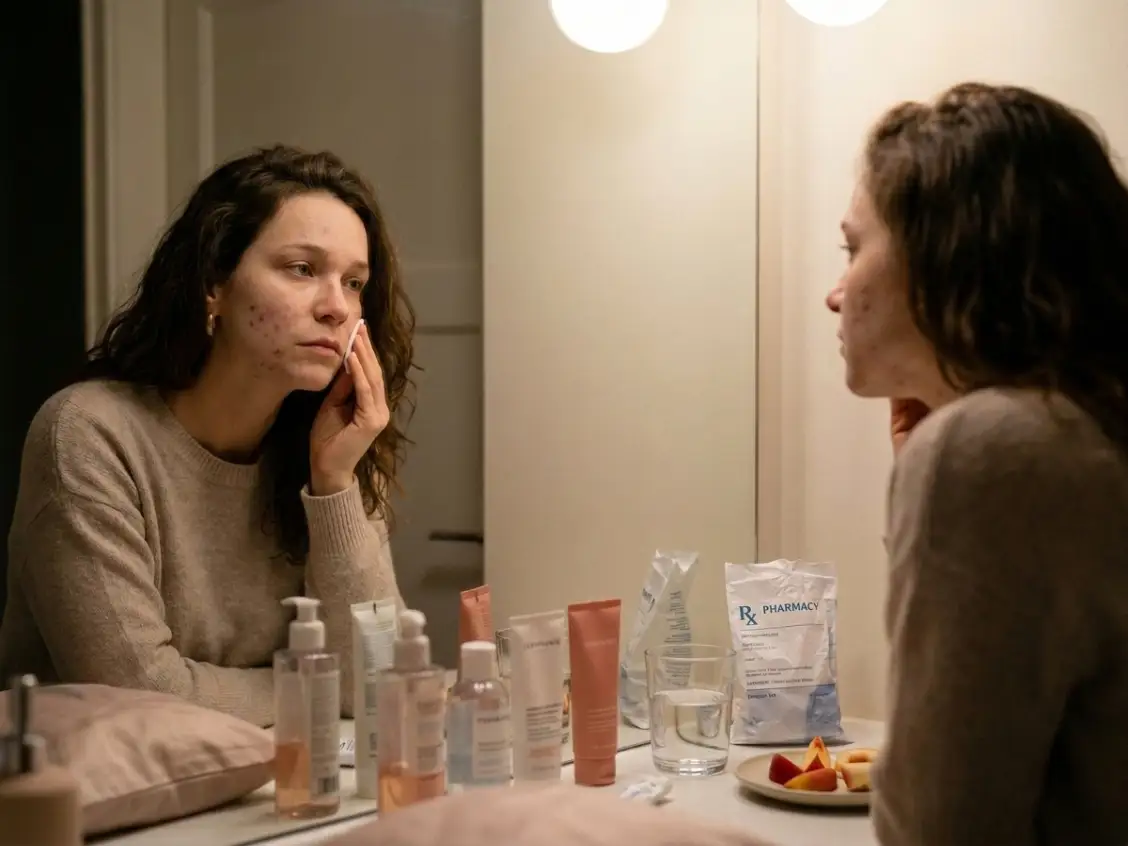 Woman walking past mirror in morning light