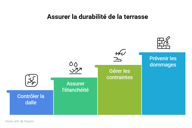 Schéma expliquant les causes des fissures et décollements sur une terrasse en carrelage extérieur