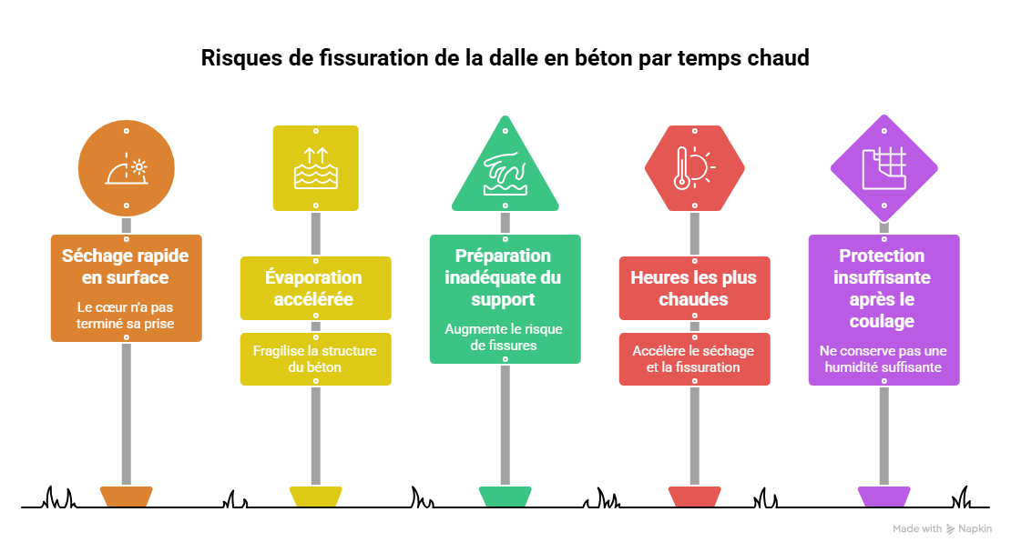 Infographie expliquant les précautions à prendre pour réussir une dalle béton pendant les fortes chaleurs d’été Infographie expliquant les précautions à prendre pour réussir une dalle béton pendant les fortes chaleurs d’été