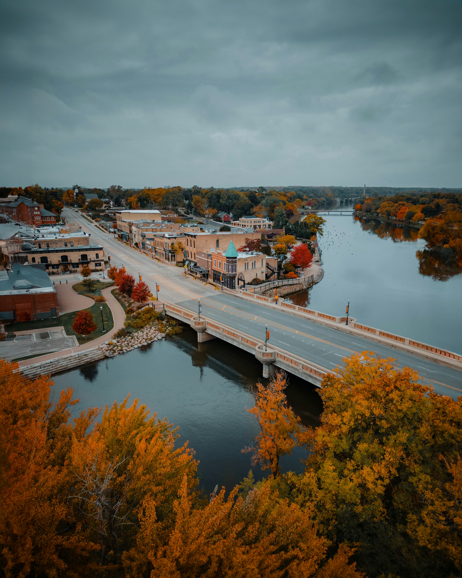 The Fox River and a bridge in West Dundee, Illinois, in fall
