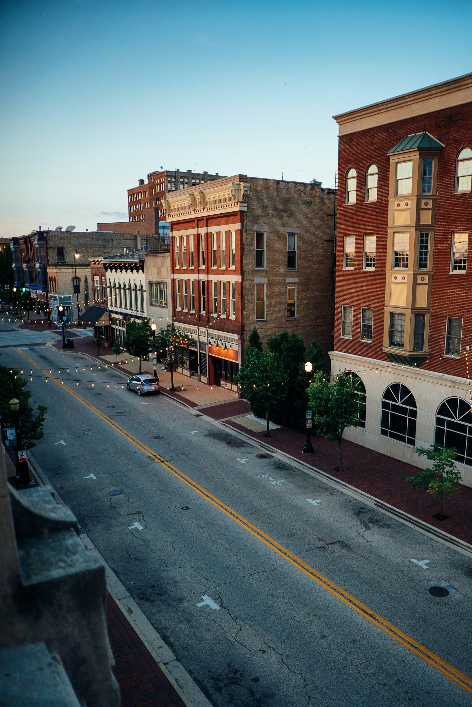 Historic storefronts in downtown Elgin, Illinois