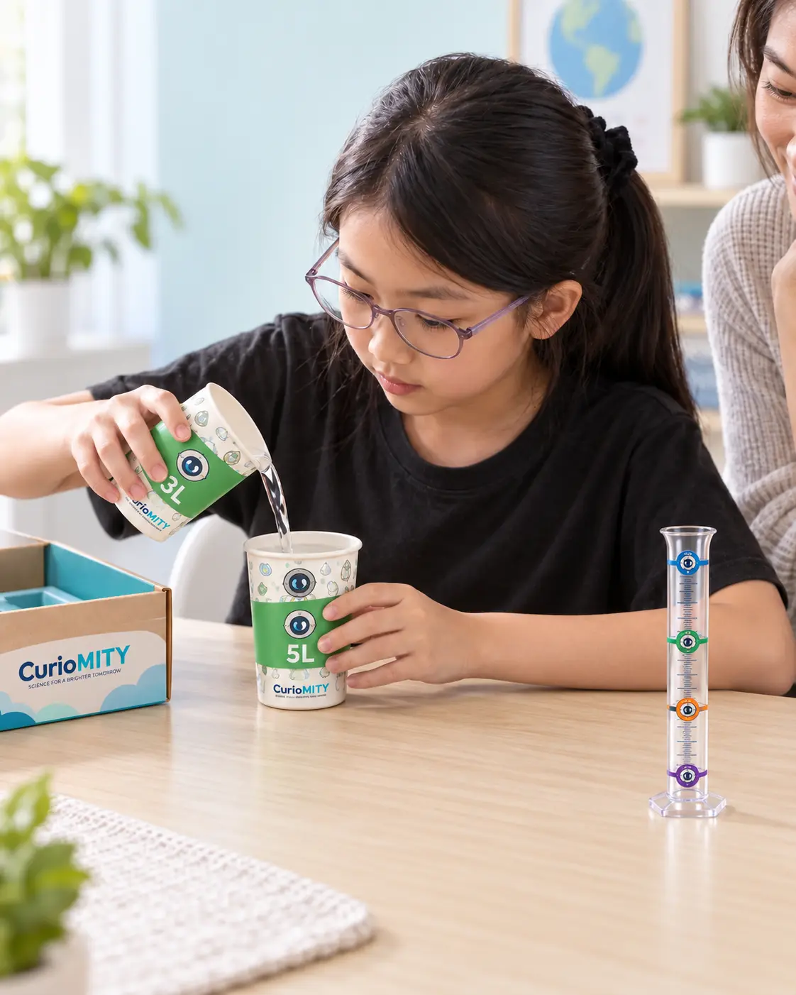 Illustration of a child testing an idea with matching green CurioMITY cups and a transparent upright checker