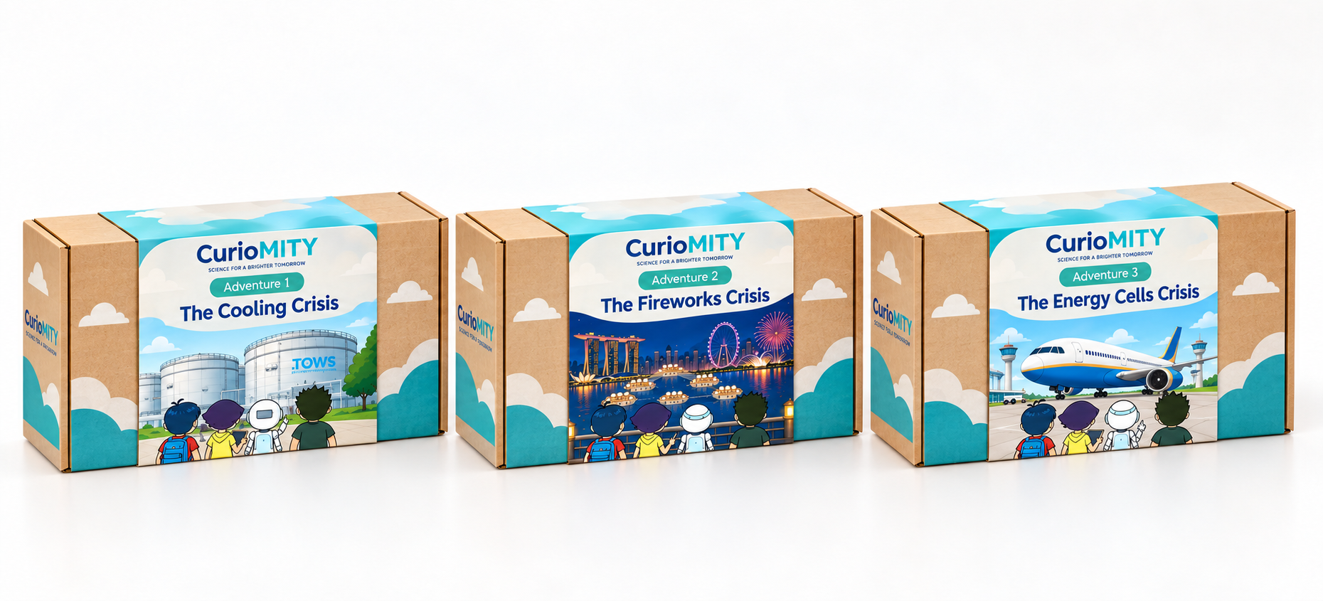 Three complete CurioMITY Adventure boxes: The Cooling Crisis, The Fireworks Crisis and The Energy Cells Crisis