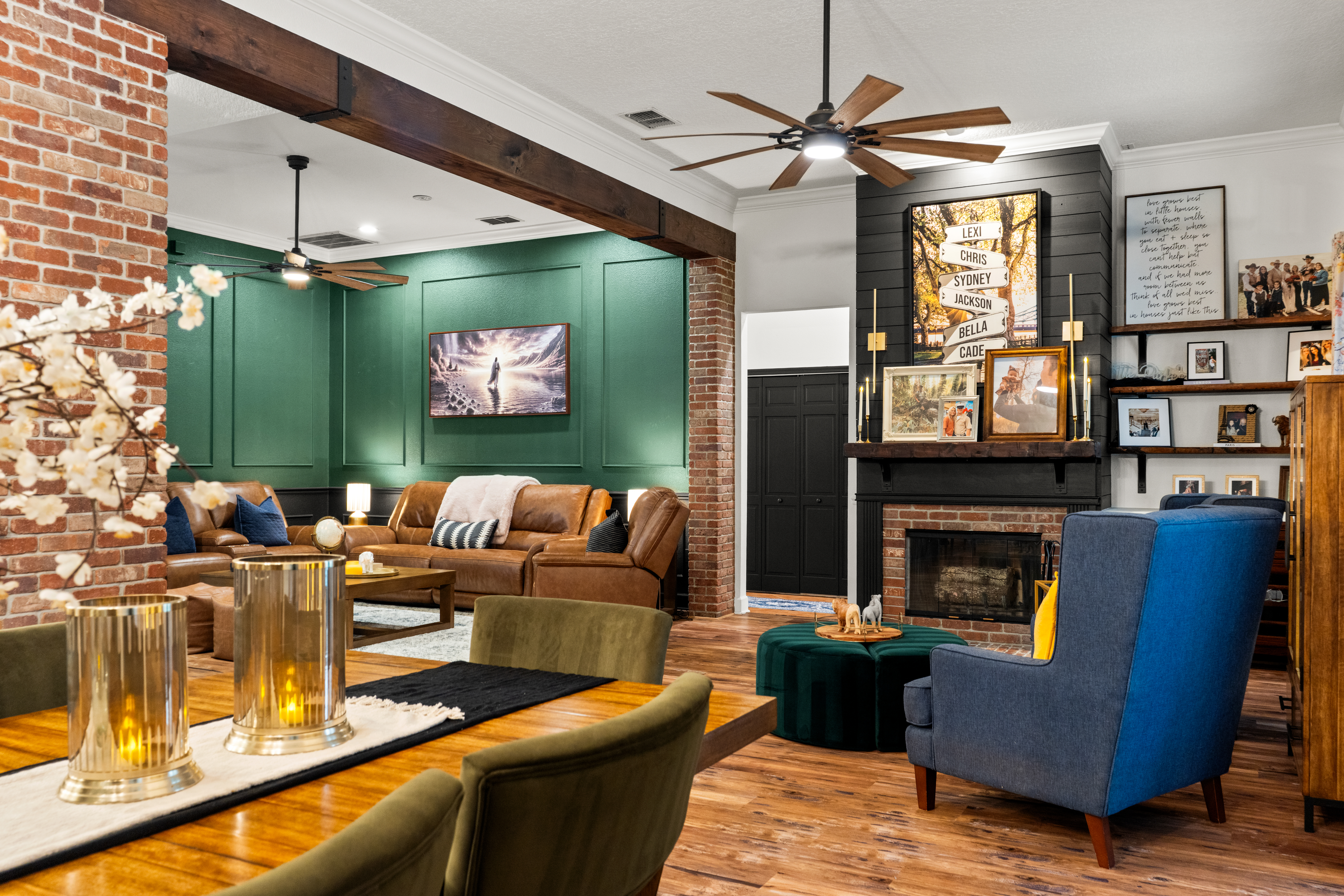 Great Room with brick elements and fireplace