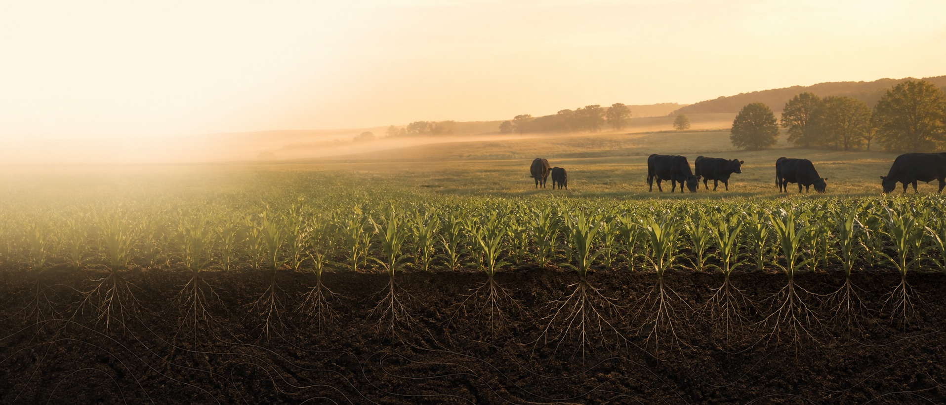 Working agricultural land at sunrise with crops, cattle, roots, and visible soil layers