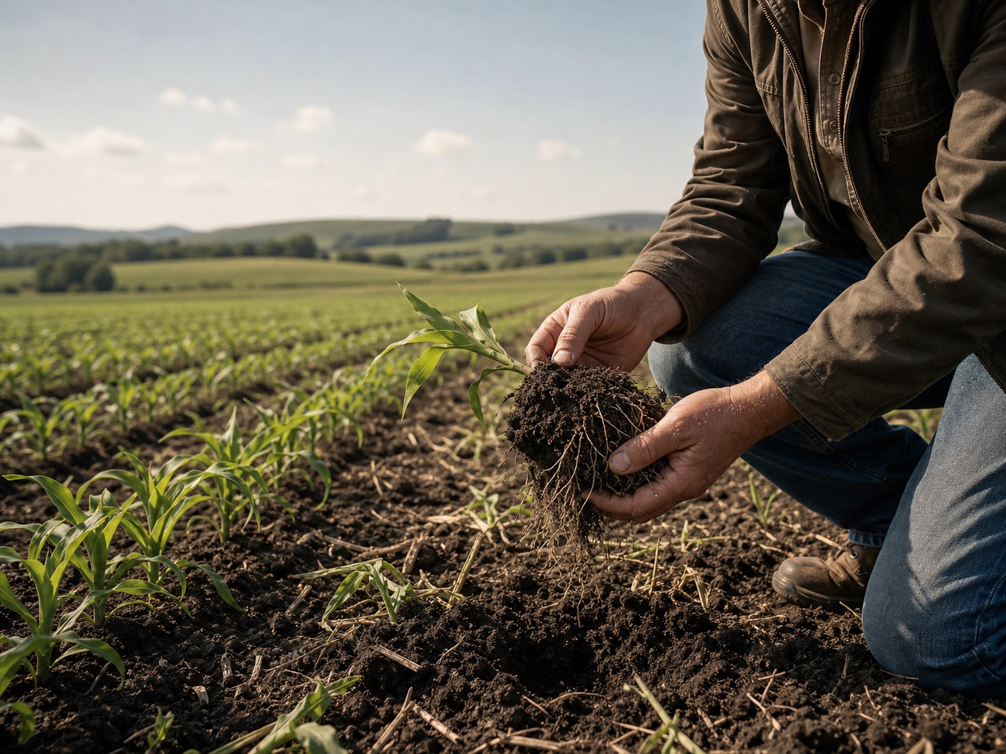 A landowner examining field soil and plant roots