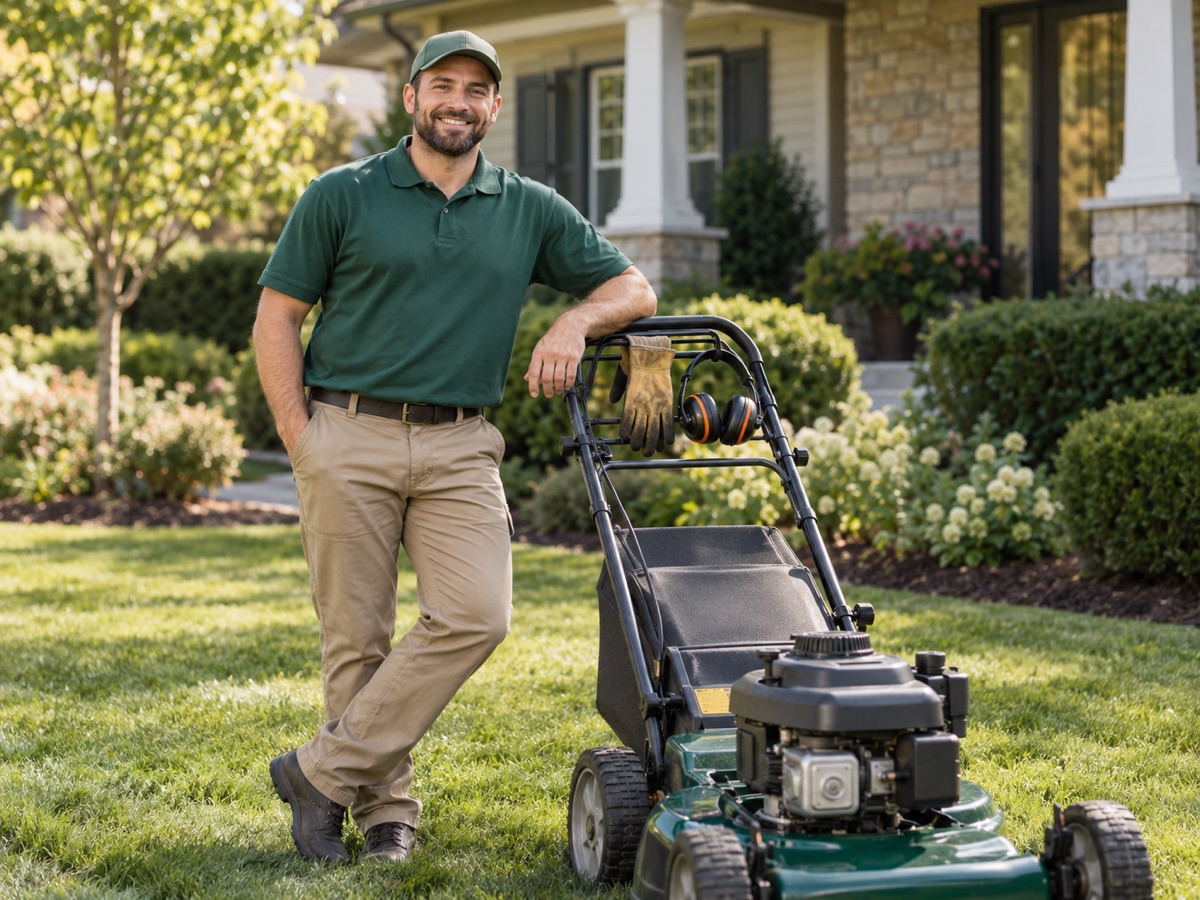 A smiling lawn care professional beside a parked commercial mower on a maintained lawn.