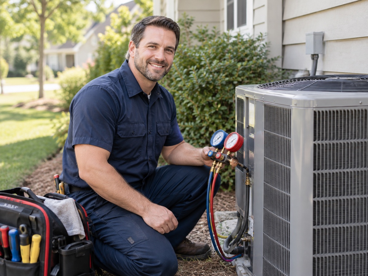 A smiling HVAC technician with diagnostic tools beside an outdoor air conditioning unit.
