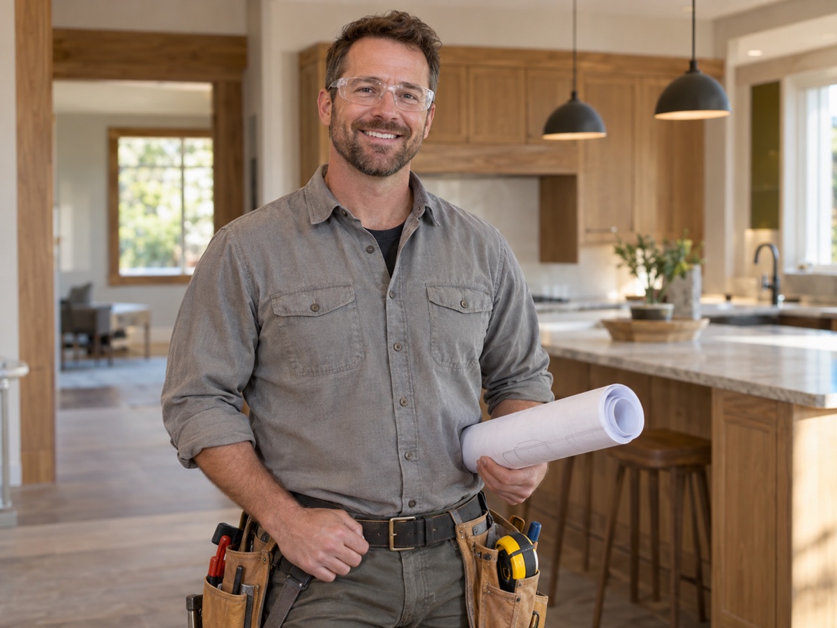 A smiling contractor holding plans in a finished home renovation.