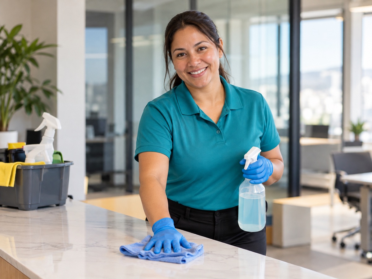 A smiling woman in a professional cleaning uniform wiping an office countertop.