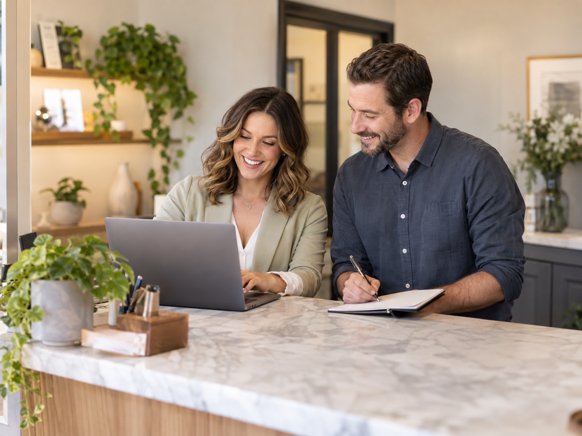 Two smiling business professionals working together at a bright reception desk.