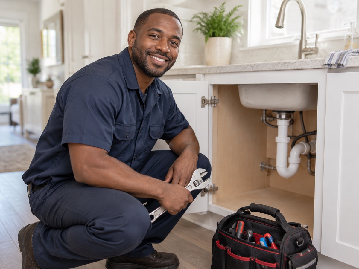 A smiling plumbing professional beside an open sink cabinet with tools nearby.