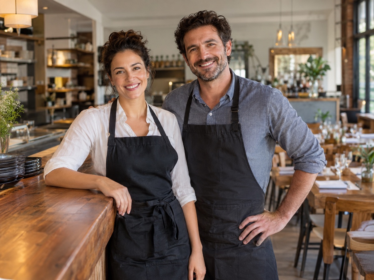 Two smiling restaurant professionals wearing aprons at a welcoming restaurant counter.