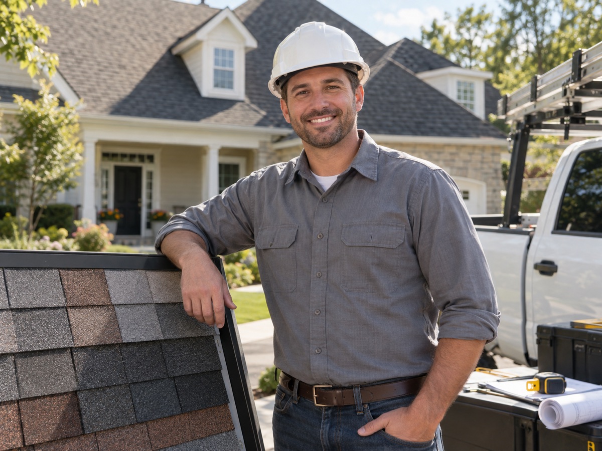 A smiling roofing professional with a shingle sample display outside a home.
