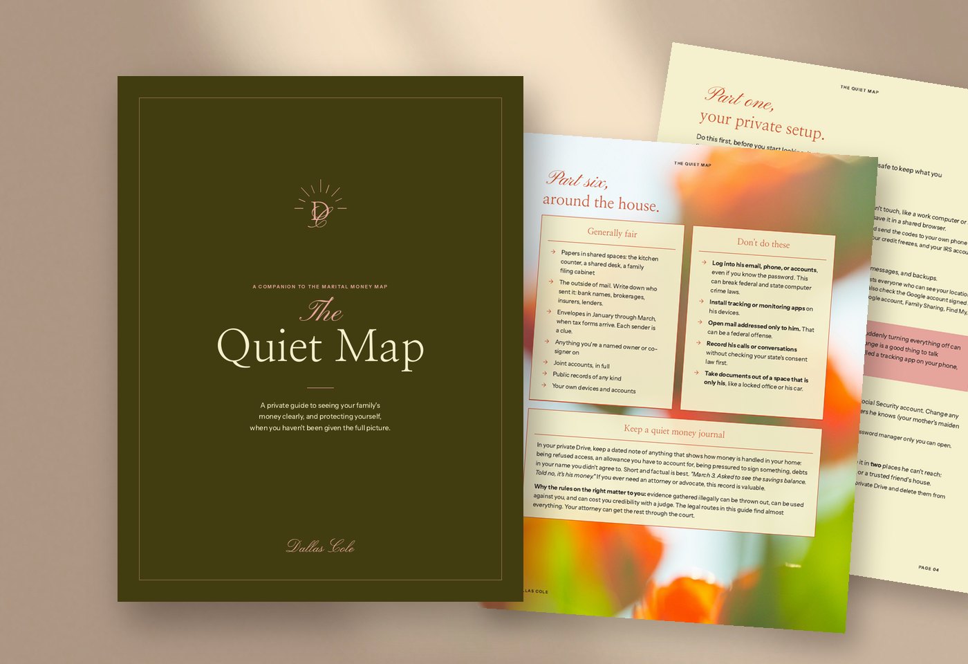 The Quiet Map guide cover with two inside pages fanned behind it