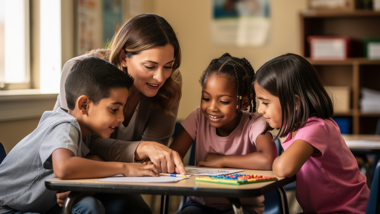 A teacher working closely with three young students at a table in a small, bright classroom