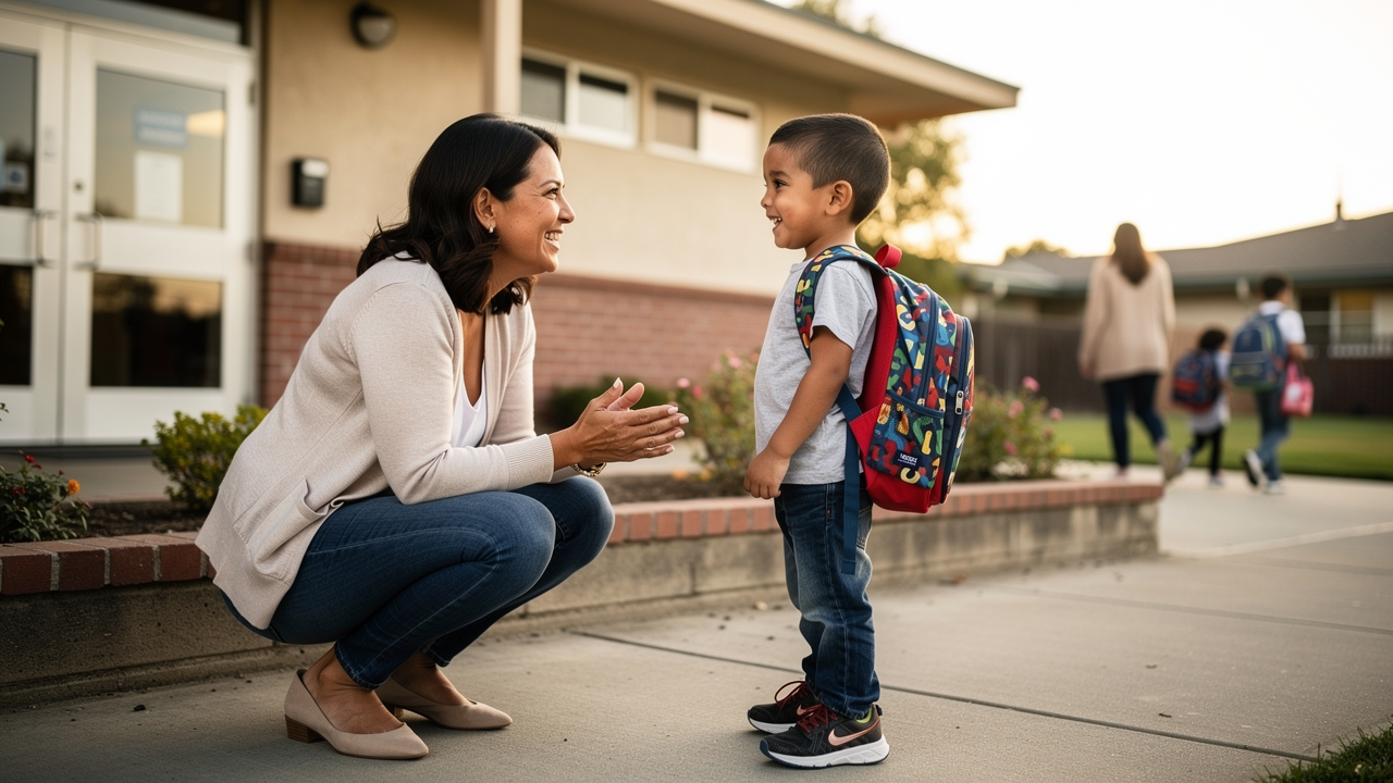 A teacher kneeling to greet a young boy with a backpack by name at a small school entrance in the morning