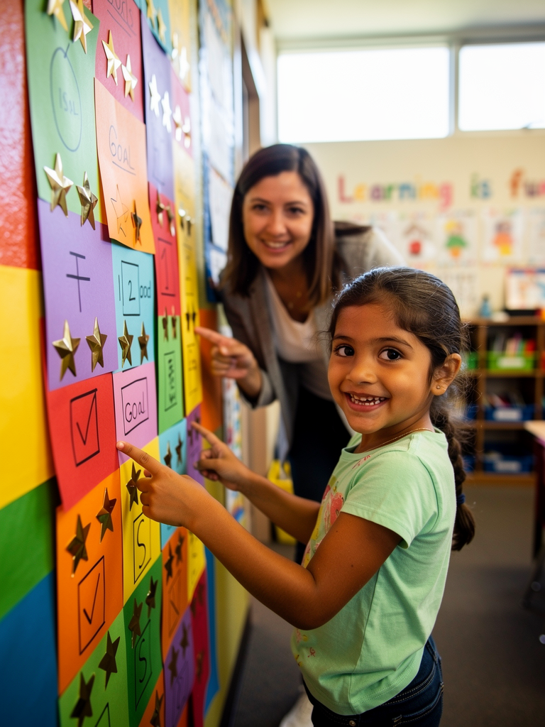 A proud young student pointing to a colorful goal chart on a classroom wall, teacher smiling nearby