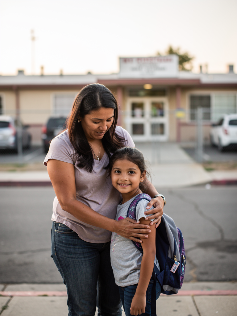 A mother with her arm around her smiling elementary-age daughter outside a neighborhood school