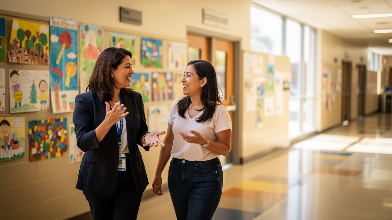 An enrollment coordinator warmly walking a visiting mother through a bright school hallway with children's artwork