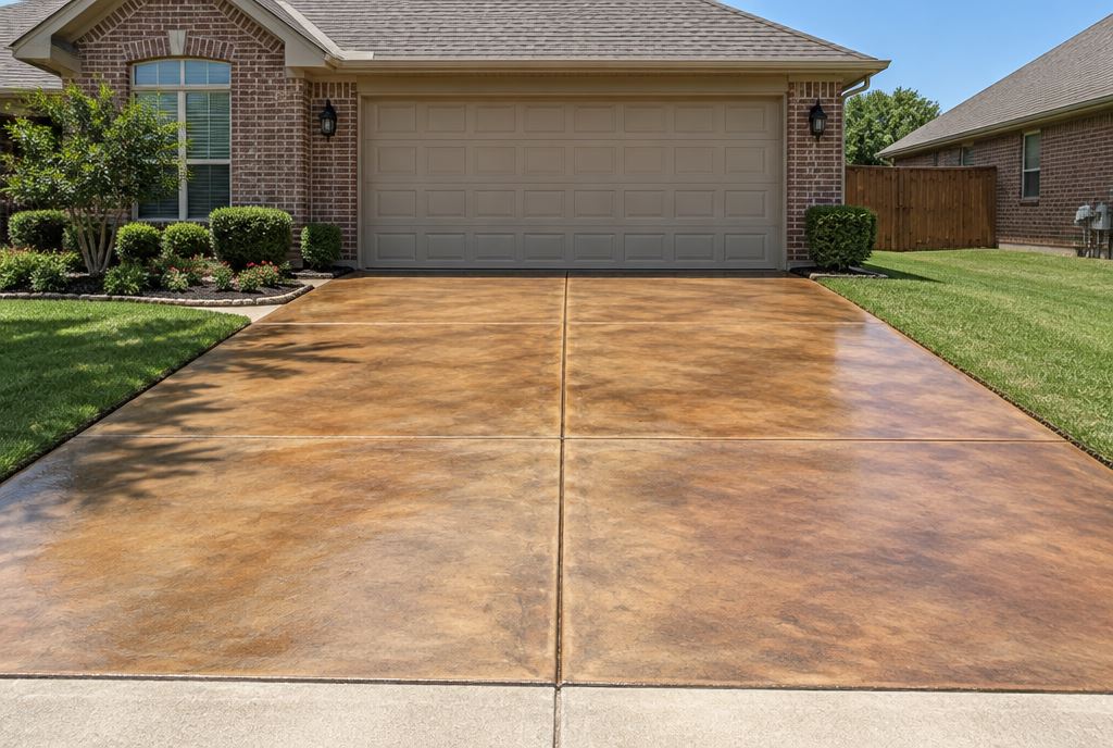 Acid-stained concrete driveway in warm tan and amber tones