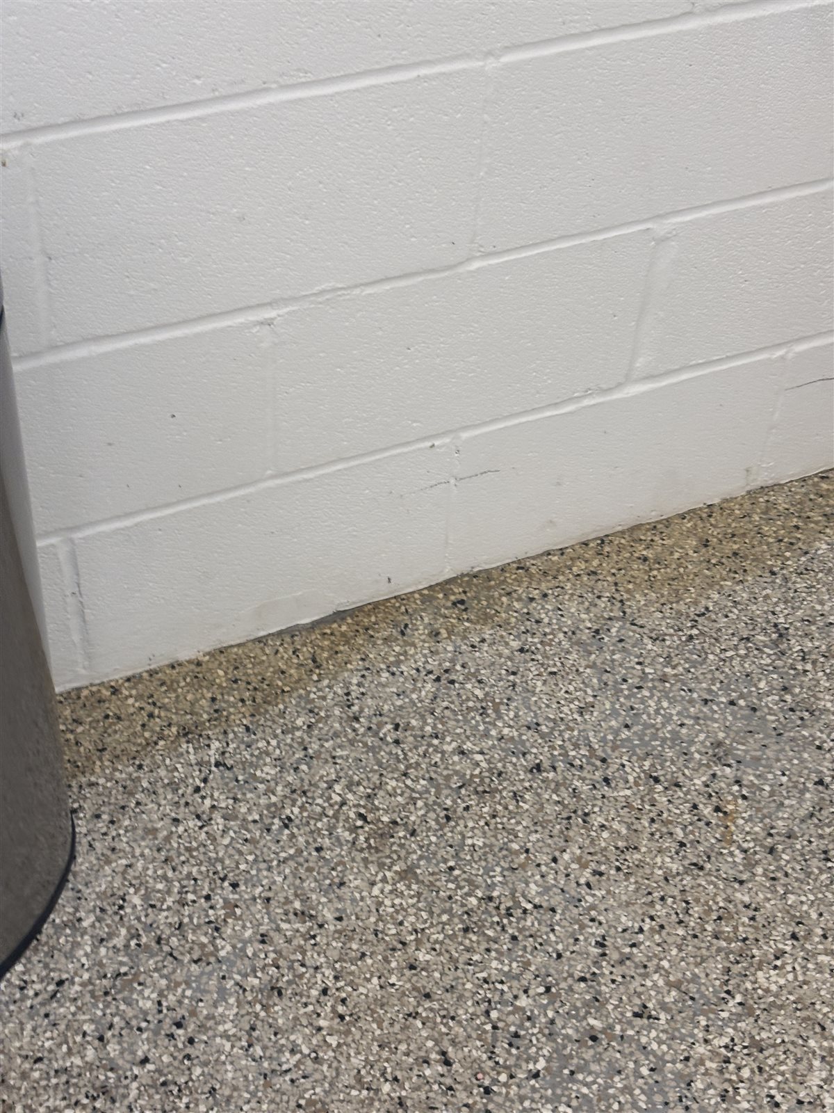 Close-up of a flake epoxy floor meeting a block wall in a Mansfield restroom