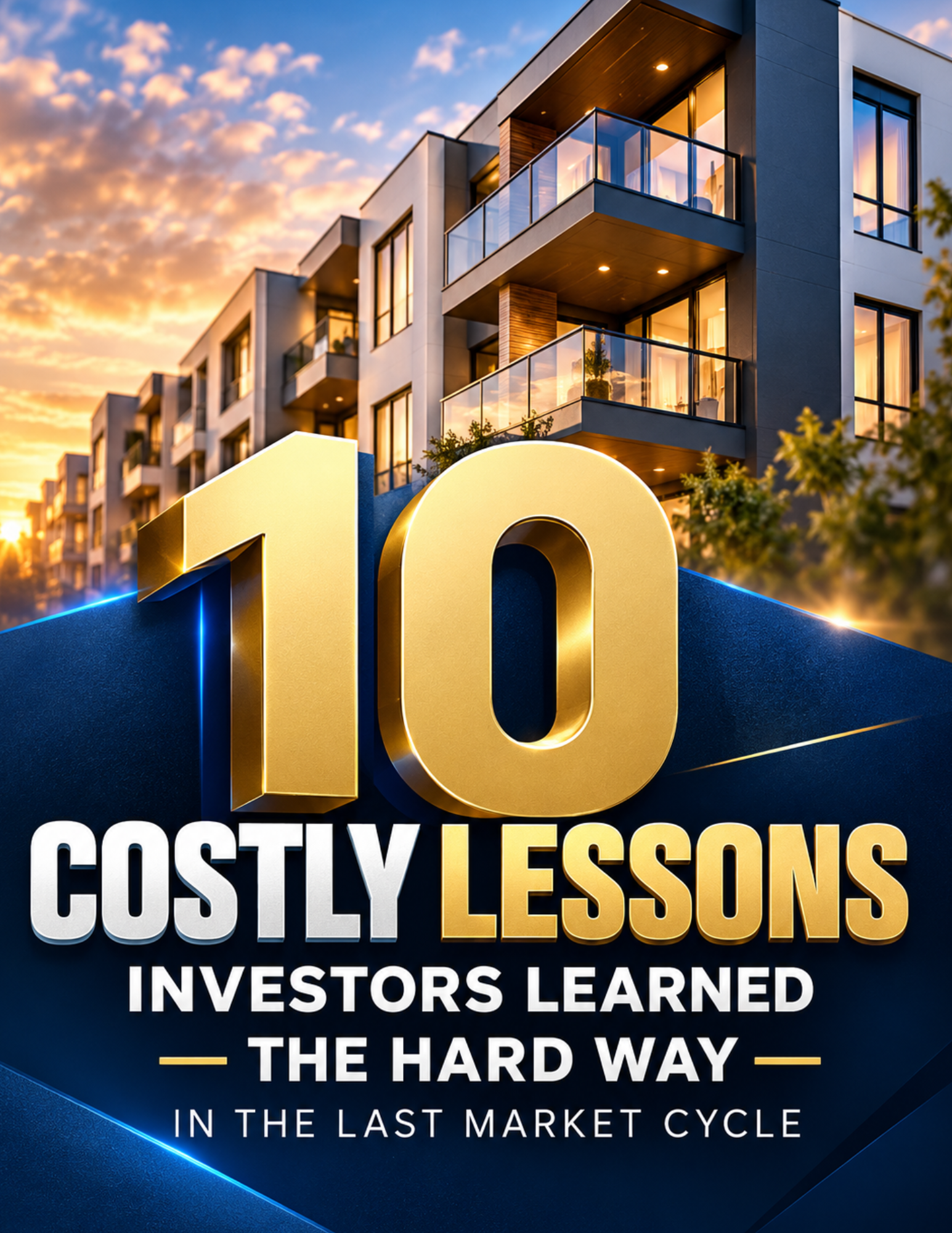 Cover of the free Think Multifamily guide 10 Costly Lessons Investors Learned the Hard Way in the Last Market Cycle, showing a modern apartment building with glass balconies
