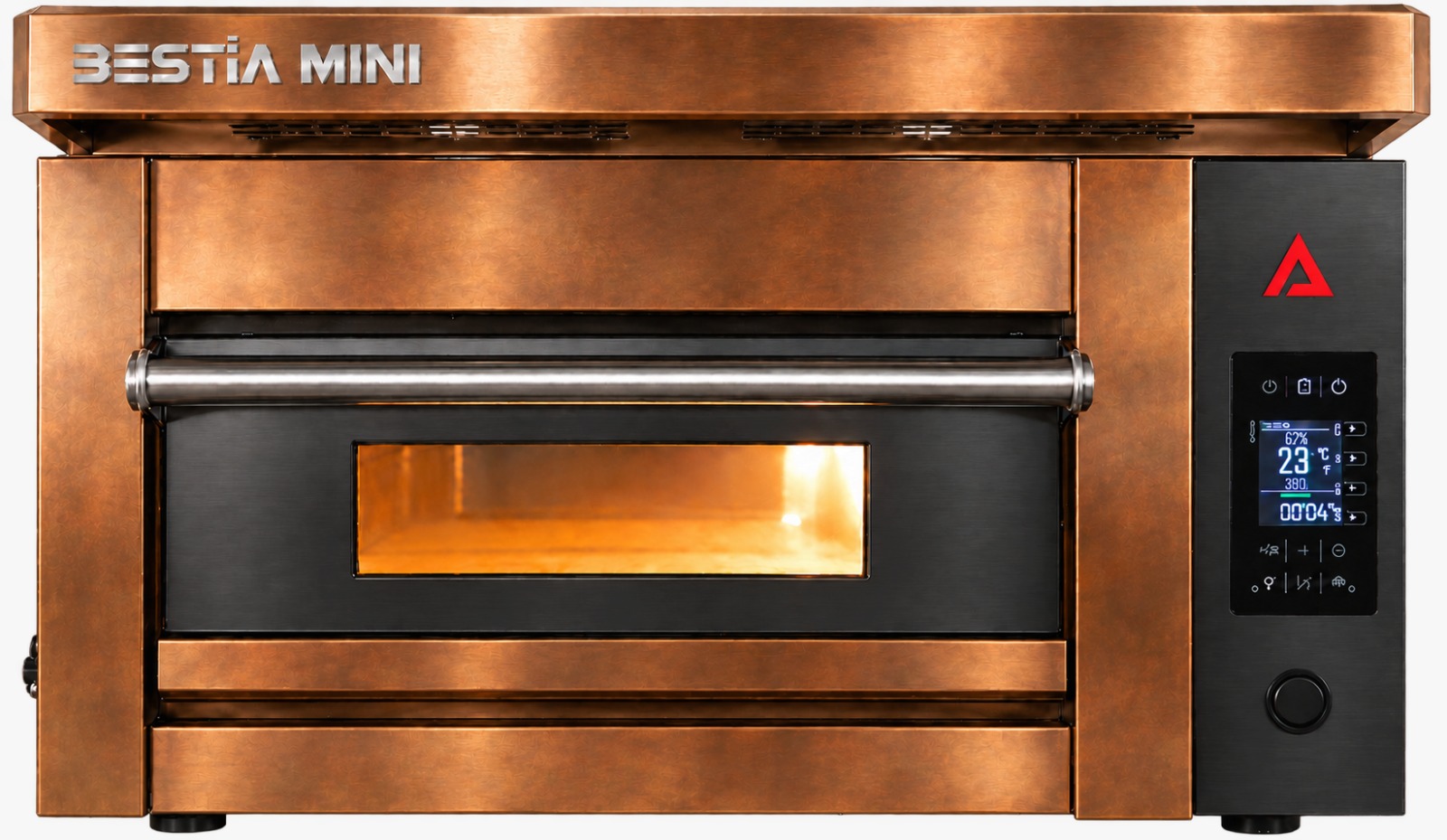 Brass BESTIA MINI electric pizza oven with black stainless door and touchscreen, red triangle logo, and polished handle