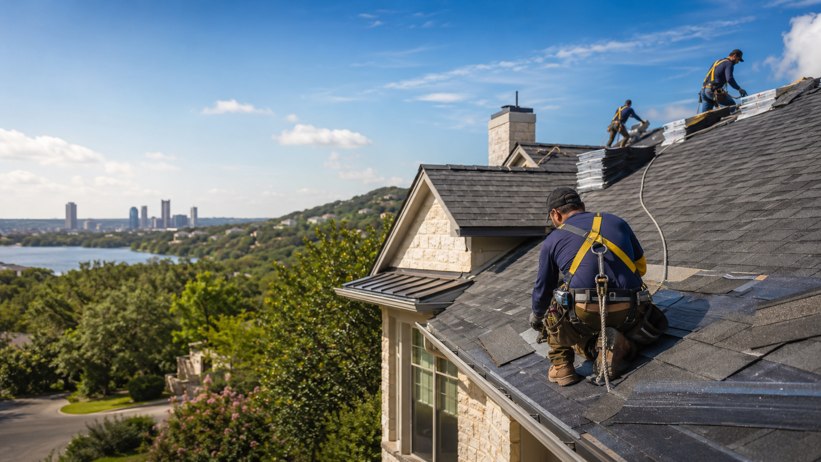 Roofing crew working on a residential home
