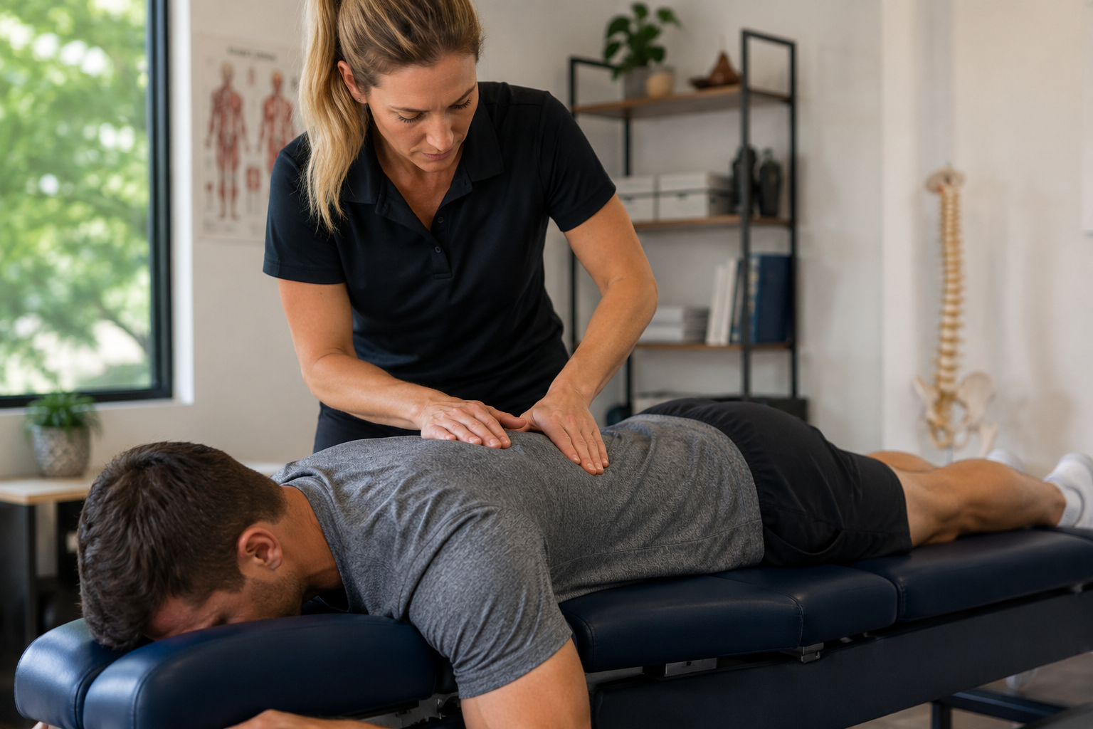 Chiropractor evaluating an athlete recovering from a sports injury at Dr. Kate McDonough Chiropractor evaluating an athlete recovering from a sports injury at Dr. Kate McDonough