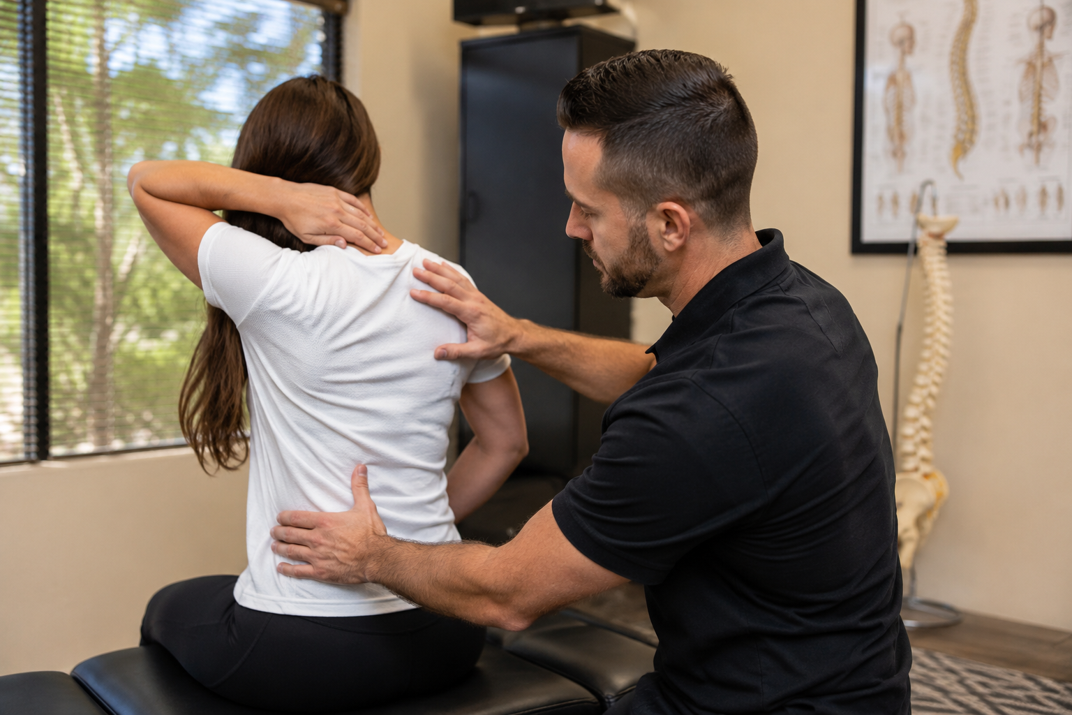 Chiropractor evaluating a patient for neck and back pain following an auto accident at Boardman Family Chiropractic in Ahwatukee