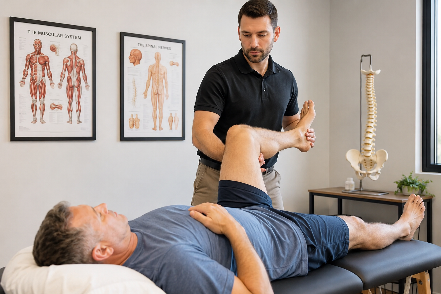 Chiropractor evaluating a patient with leg pain to determine whether spinal problems may be contributing to symptoms Chiropractor evaluating a patient with leg pain to determine whether spinal problems may be contributing to symptoms