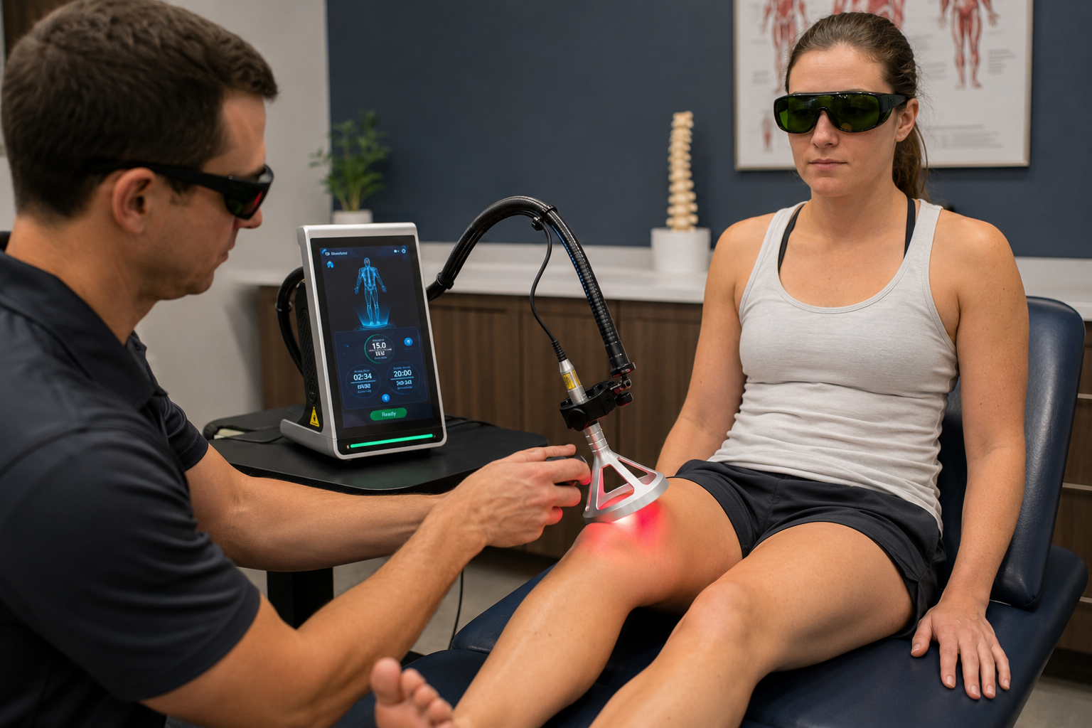 Patient receiving MedRay QuantumX Class IV laser therapy at HealthWorks, Summerville Disc & Neuropathy Center Patient receiving MedRay QuantumX Class IV laser therapy at HealthWorks, Summerville Disc & Neuropathy Center