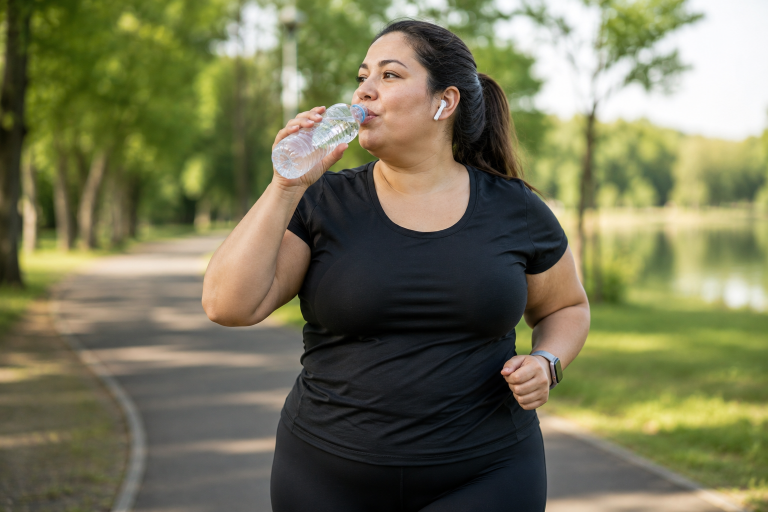 Woman drinking water as part of a healthy weight loss and wellness routine Woman drinking water as part of a healthy weight loss and wellness routine