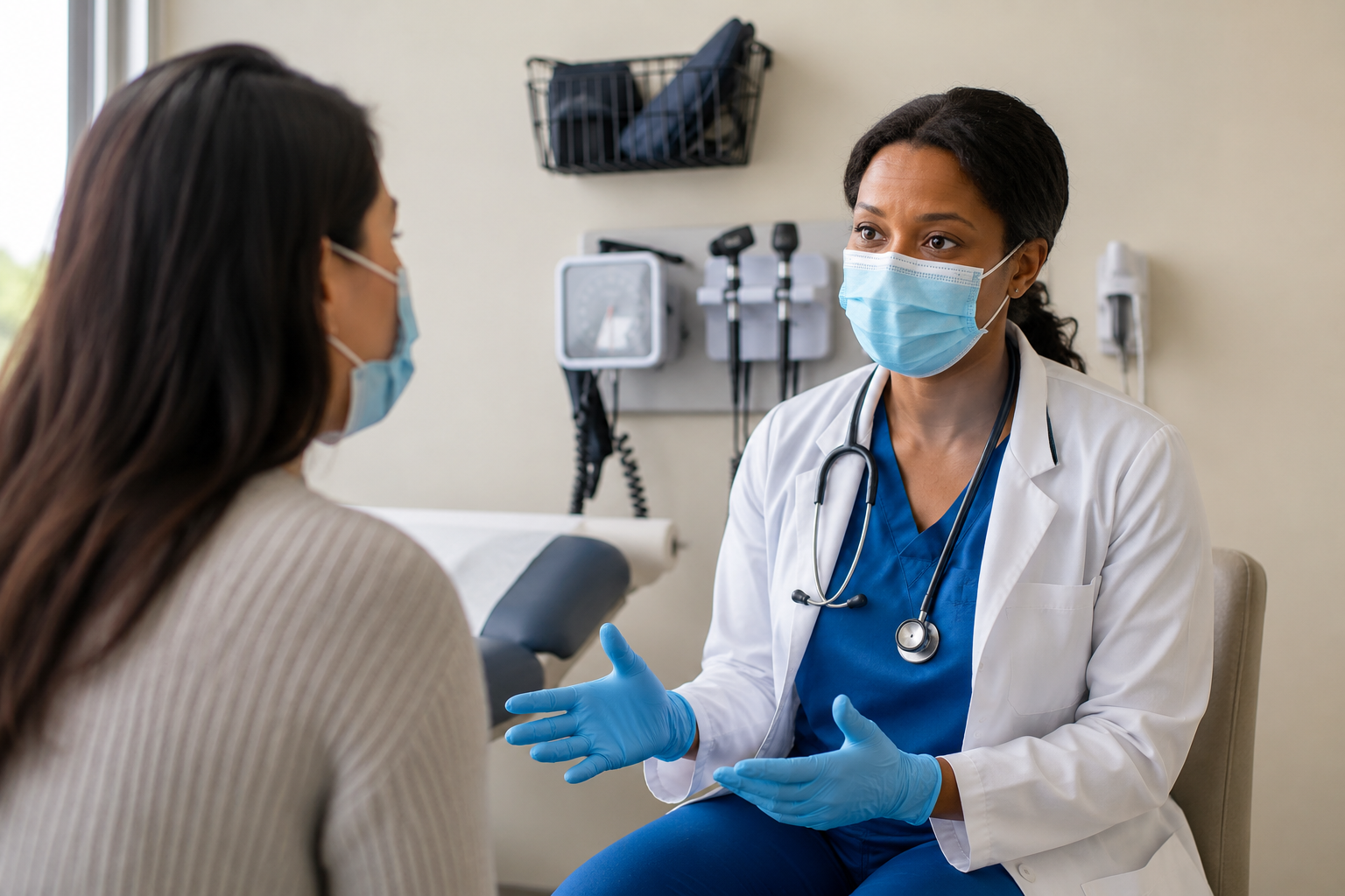 Patient speaking with an urgent care provider about COVID-19 symptoms and testing Patient speaking with an urgent care provider about COVID-19 symptoms and testing