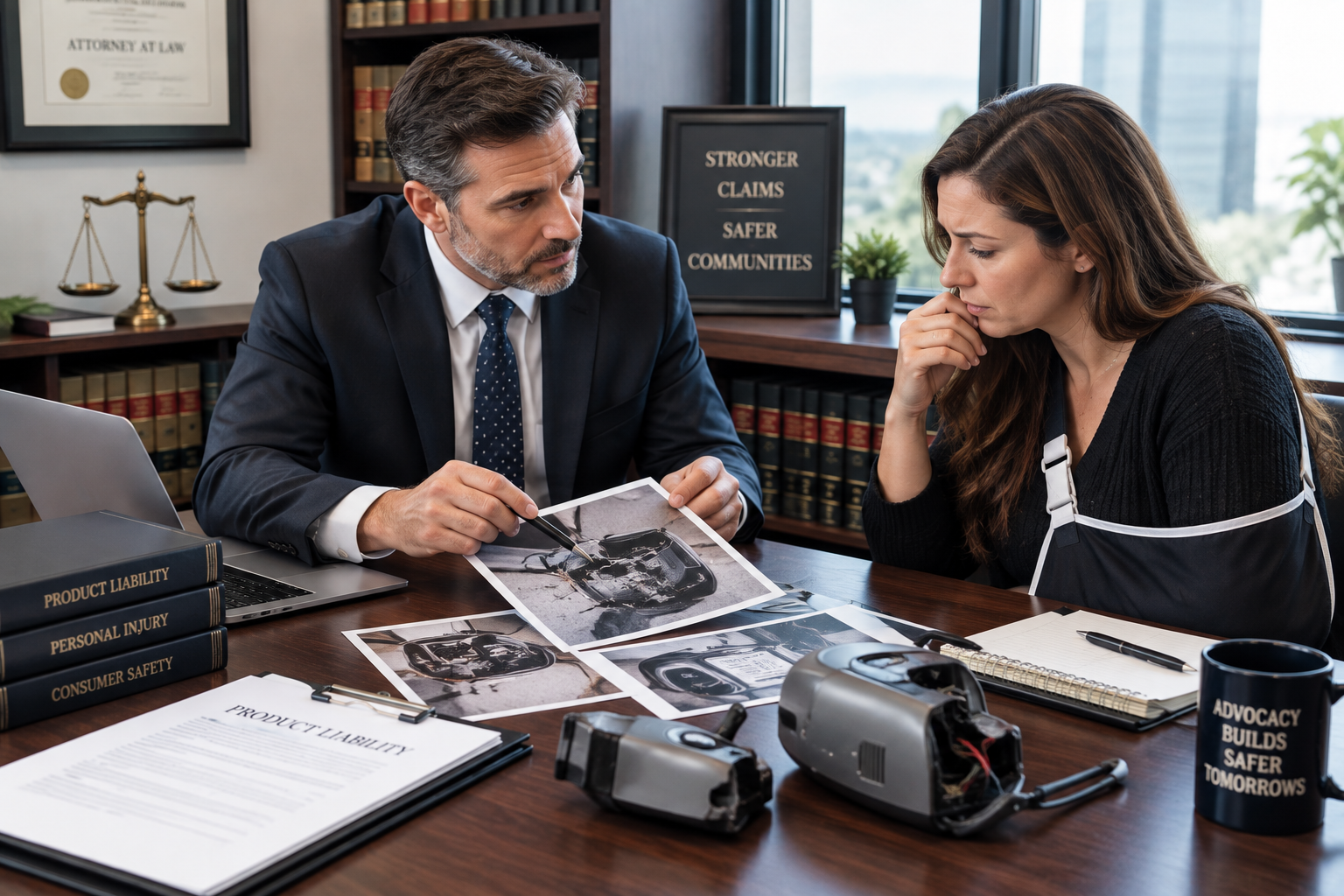 Personal injury attorney reviewing evidence related to a defective product claim with an injured client
