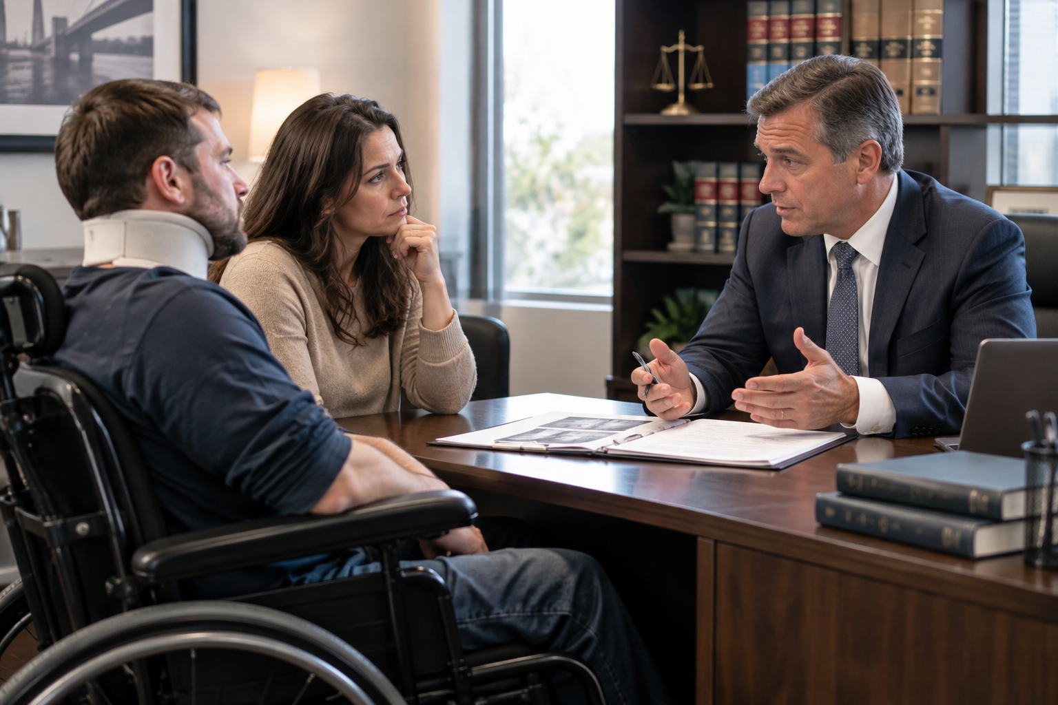 Attorney discussing long-term care and financial support with a catastrophic injury victim at Zaveri Law Firm Attorney discussing long-term care and financial support with a catastrophic injury victim at Zaveri Law Firm